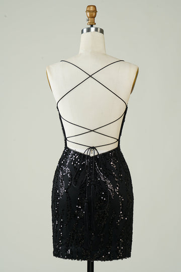 Black Sequins Spaghetti Straps Tight Short Formal Dress